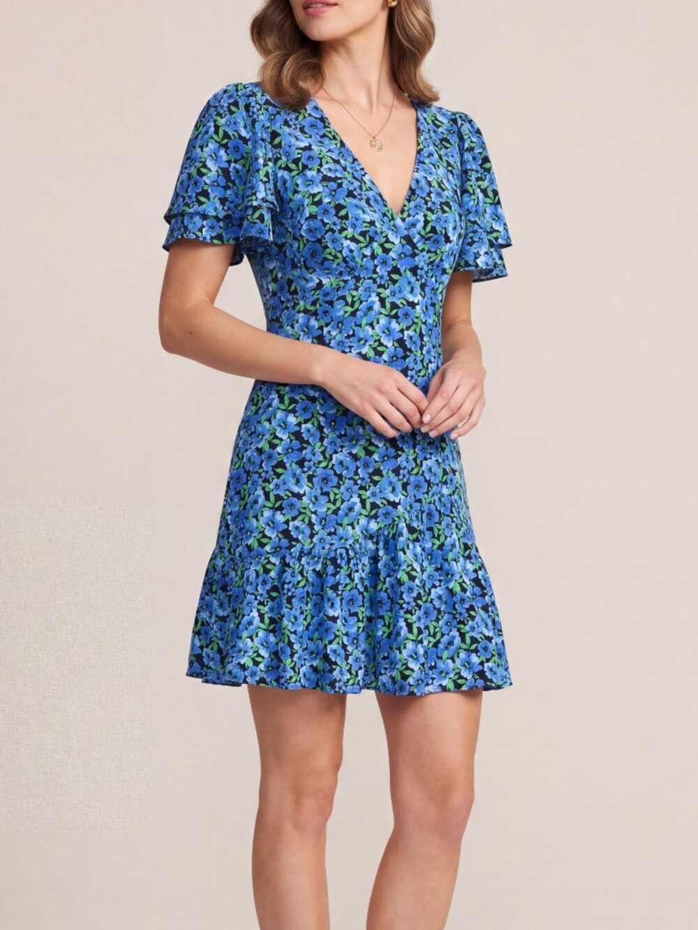 Topshop Blue Floral Ruffle Puff Sleeve Mini Dress US 4 UK 8 Viscose Cottage